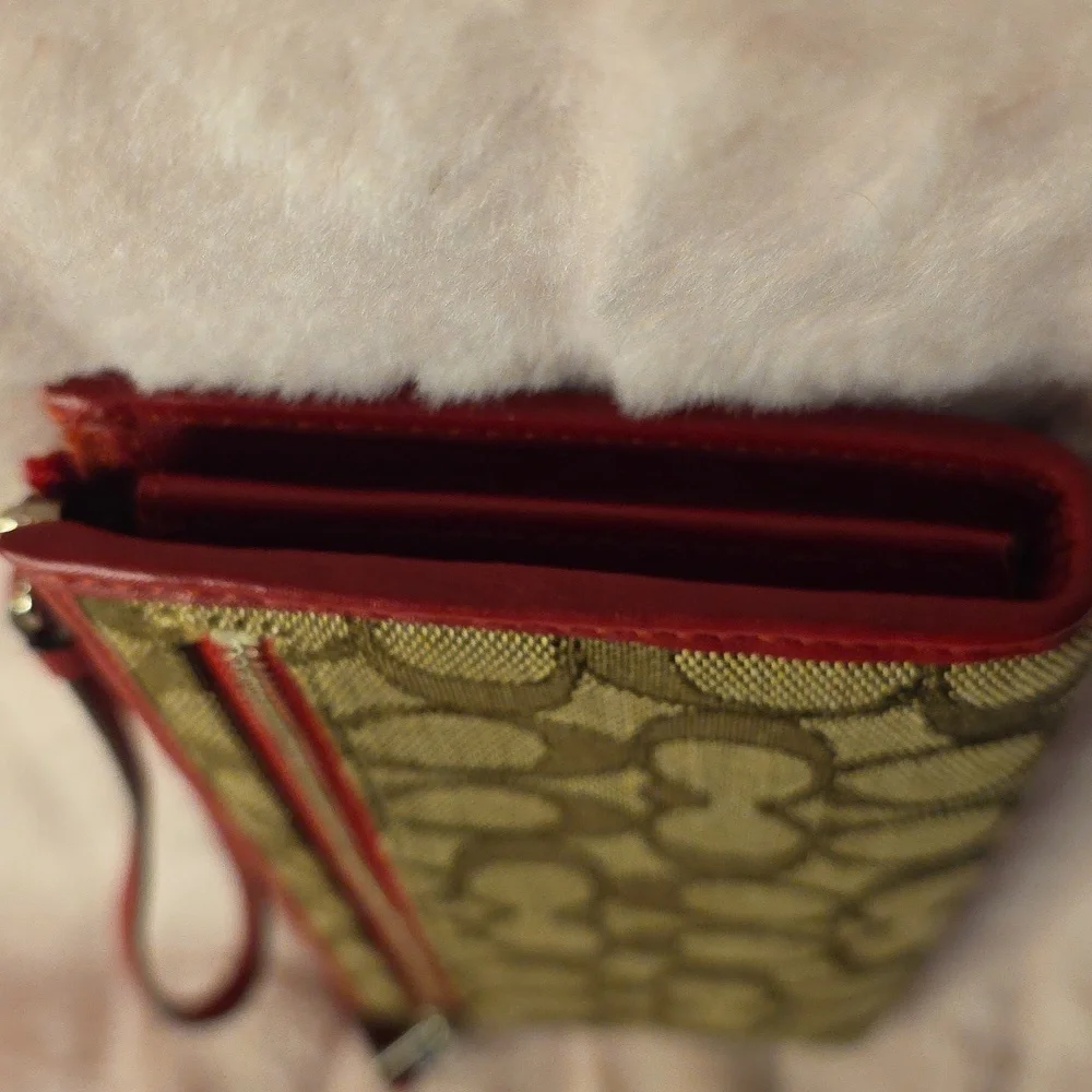 Coach Jacquard And Red Leather Wallet With Strap
